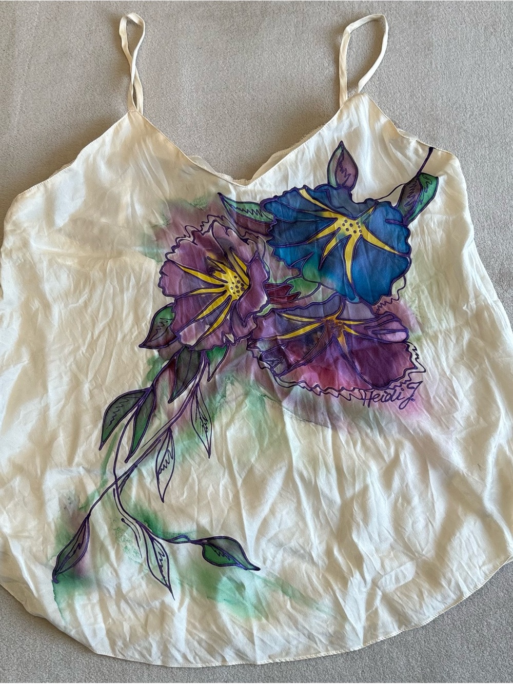 Heidi Floral 100% Silk White Cami Tank with Purple & Blue Flowers